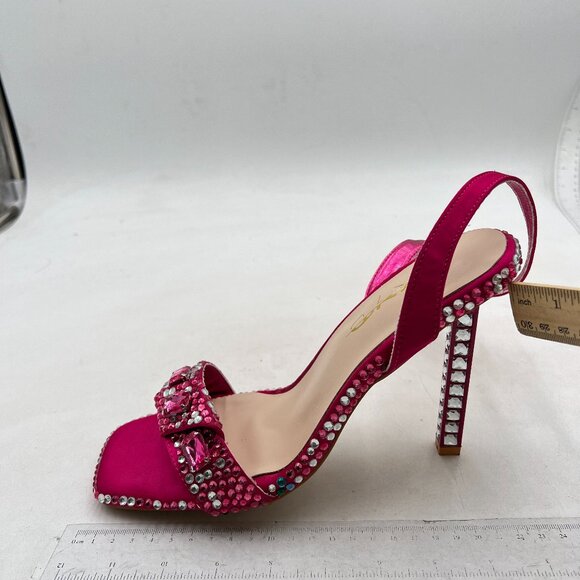 XYD Pink Sparkle Square Open Toe Buckle Ankle Strap Sparkling High Heel Sandals - Picture 2 of 8